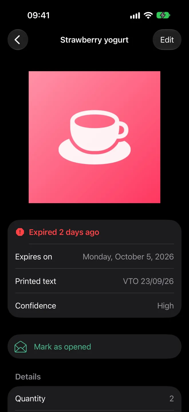 Product detail with photo, expiration date, category and location