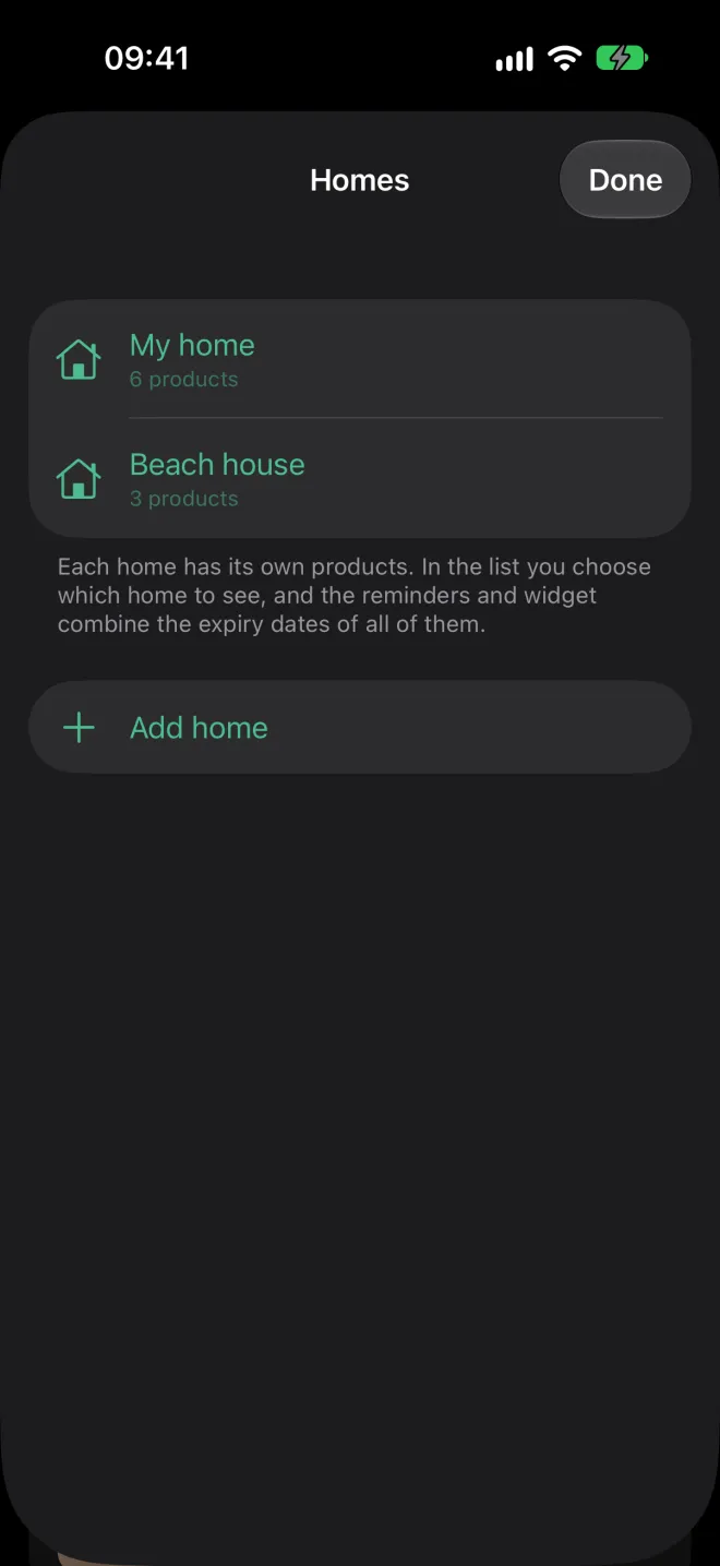 Homes screen with the number of products in each