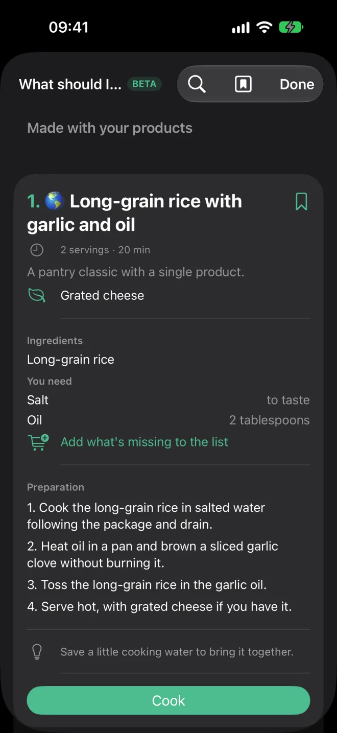 Recipe idea built from your products: ingredients you have, what you’re missing and the steps