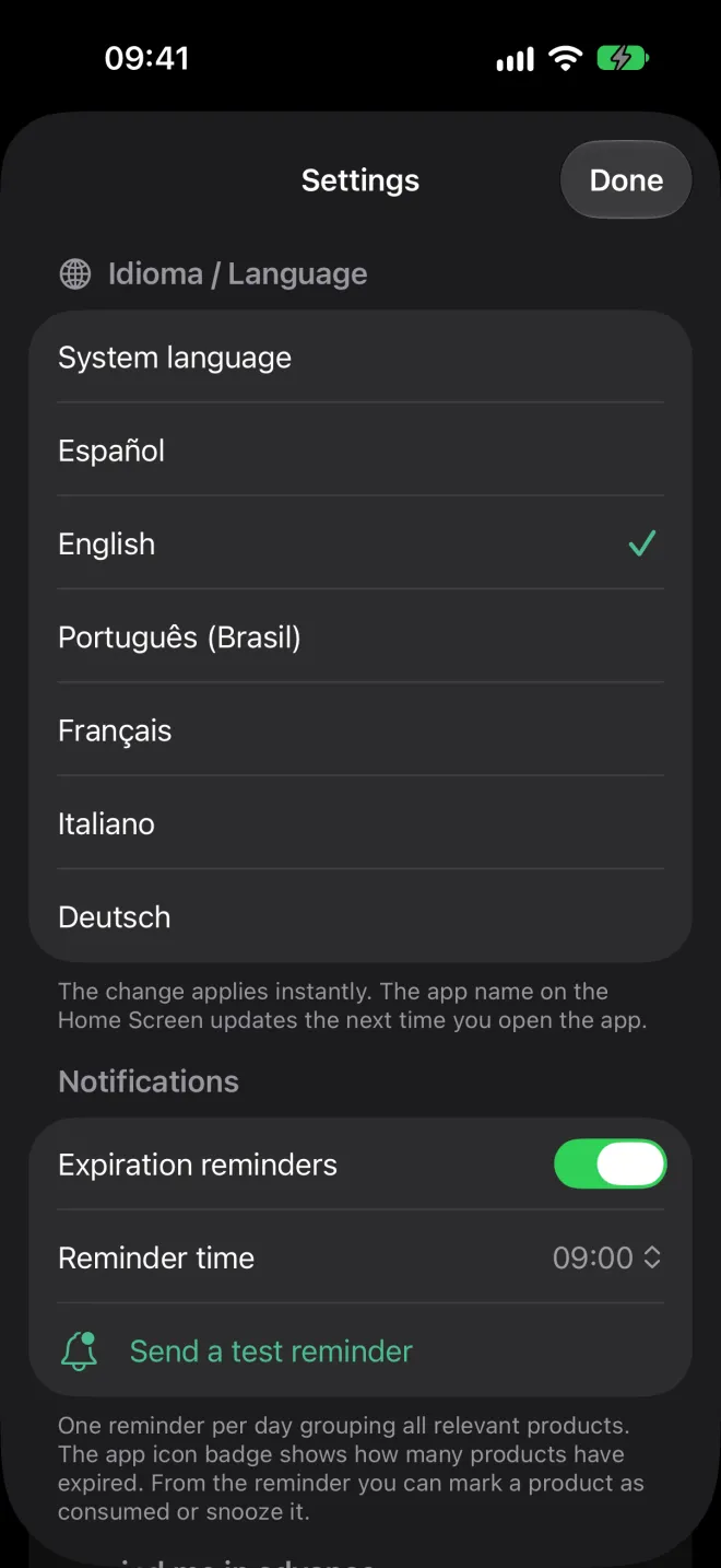 Settings with reminder days, notification time and language