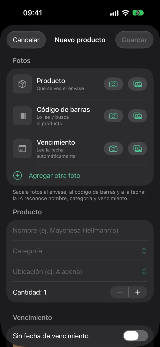 Formulario para agregar un producto con foto, nombre, categoría y fecha
