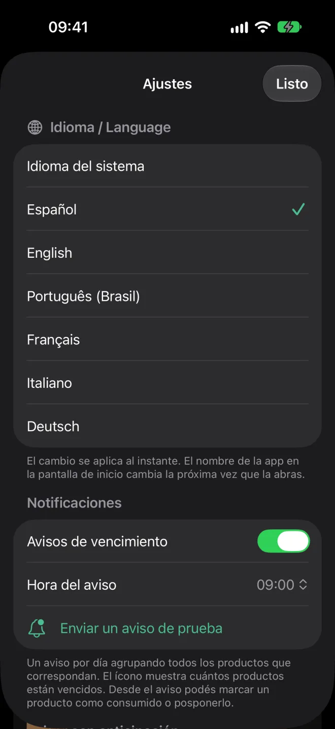 Ajustes con días de aviso, hora de la notificación e idioma